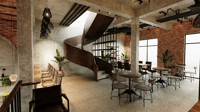 Industrial two-storey coffee shop - Online interactive 3D walkthrough